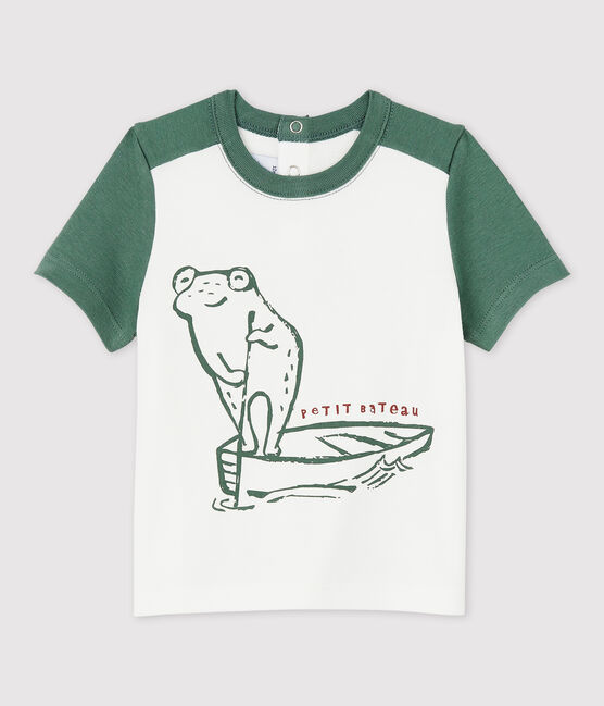 Baby Boys' Short-Sleeved Cotton T-Shirt MARSHMALLOW white/VALLEE green