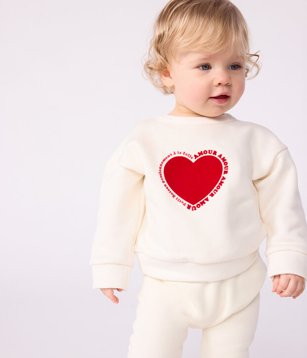 Babies' heart patterned cotton sweatshirt Ecru