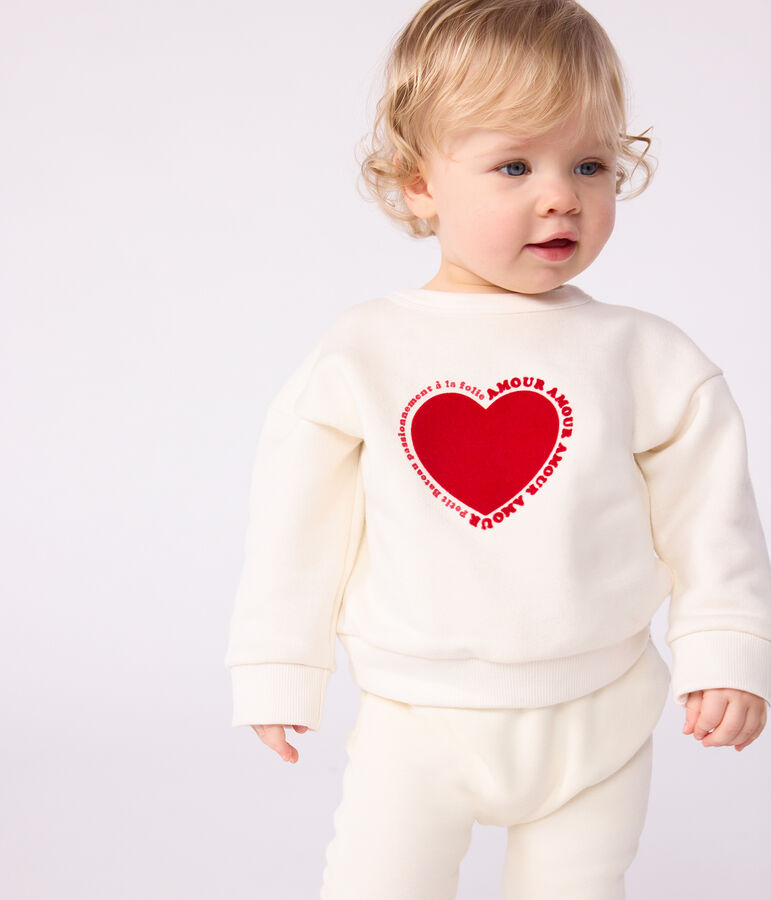 Babies' heart patterned cotton sweatshirt Ecru