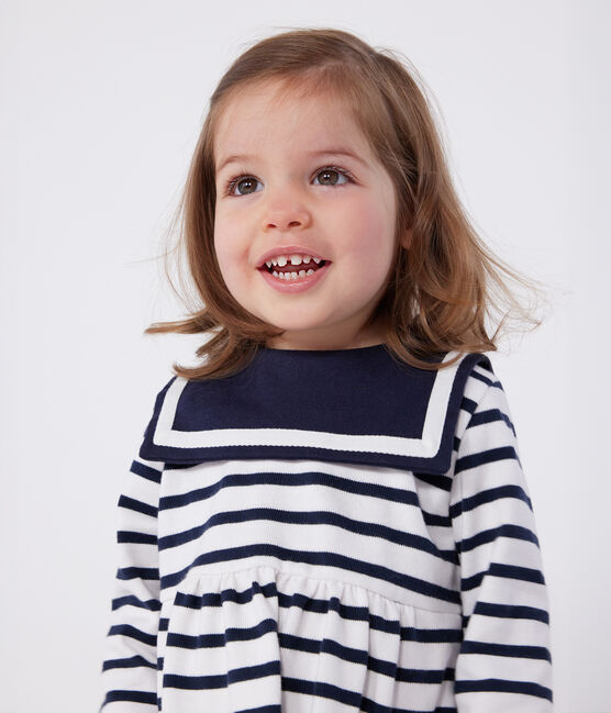 Babies' Breton stripe dress in thick cotton with long sleeves MARSHMALLOW white/SMOKING blue