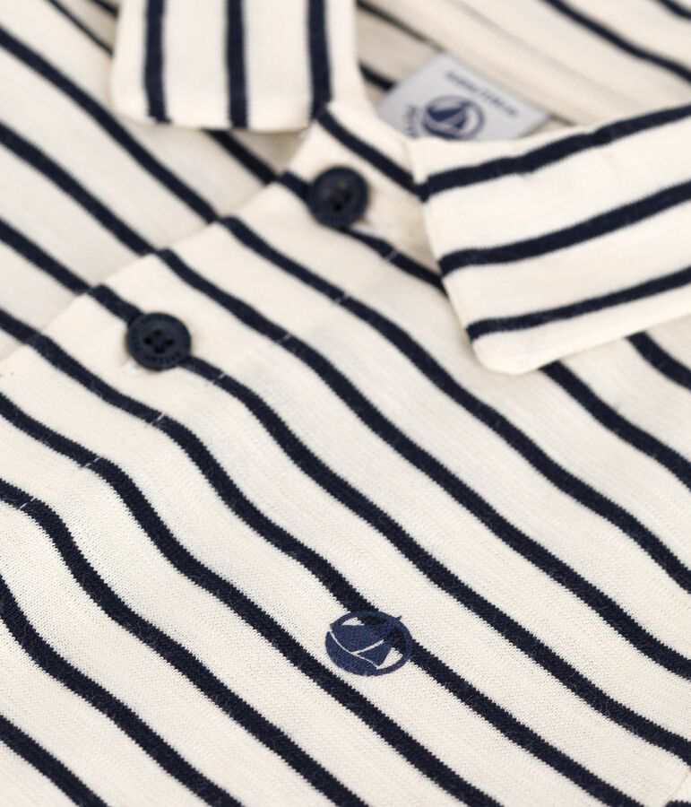 Children's short-sleeved stripy cotton polo shirt Ecru/blue