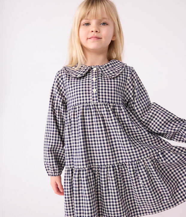 Children's long-sleeved checked flannel dress blue/ecru