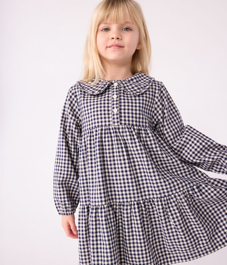 Children's long-sleeved checked flannel dress blue/ecru