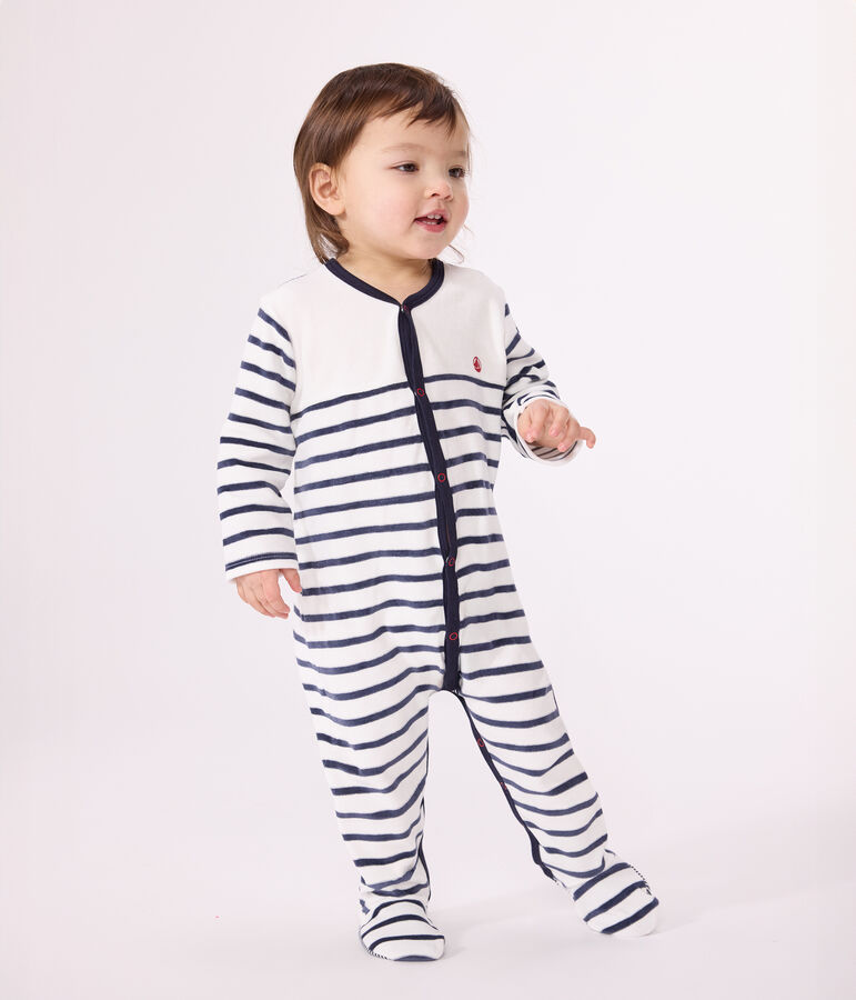 Babies' Stripy Velour Pyjamas MARSHMALLOW white/SMOKING blue