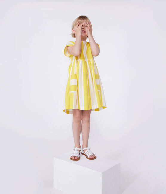 Children's short-sleeved stripy cotton dress MARSHMALLOW white/ORGE