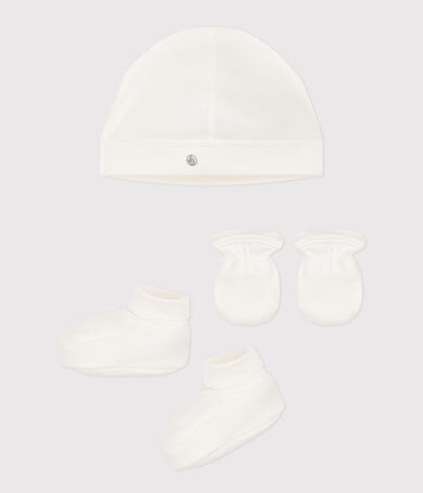 Unisex baby beanie, Booties , and mittens set in solid-color cotton