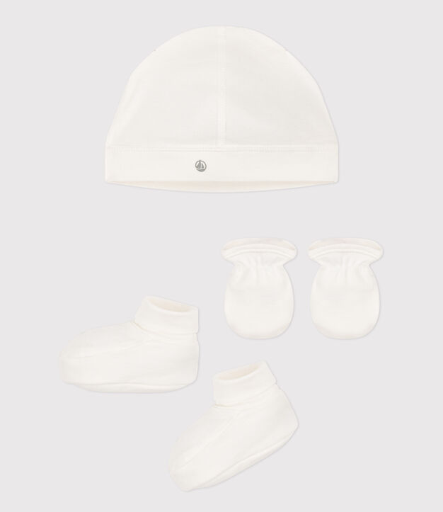 Unisex baby beanie, Booties , and mittens set in solid-color cotton multicolor