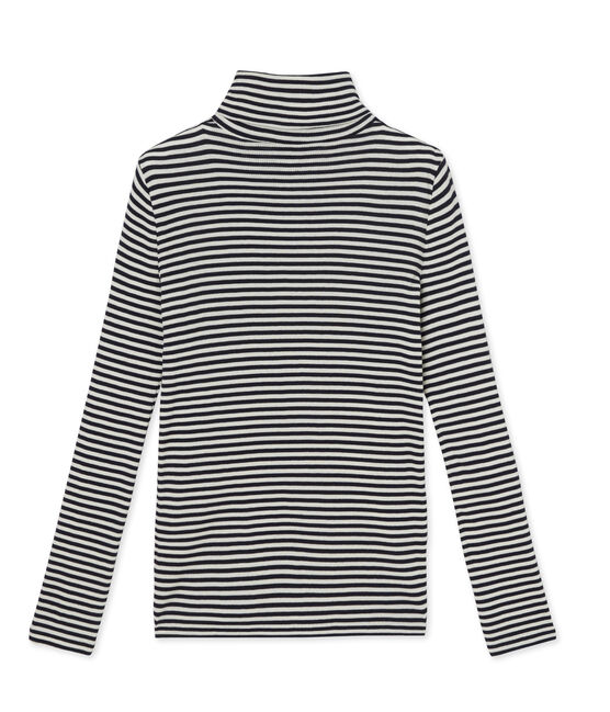 Women's striped undersweater in ultra light cotton SMOKING blue/COQUILLE beige