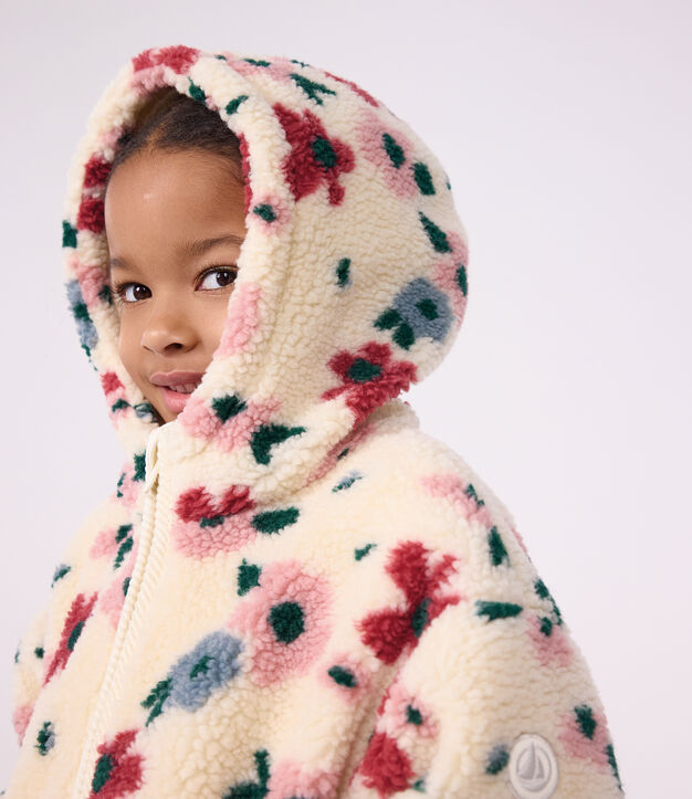 Children's hooded jacket in floral sherpa Ecru/multicolor