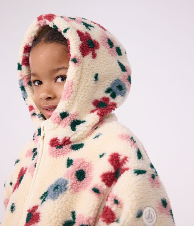 Children's hooded jacket in floral sherpa Ecru/multicolor
