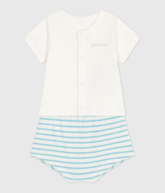 Newborn babies' two-piece cotton set with a stripy bottom half MARSHMALLOW blue/AQUATIC