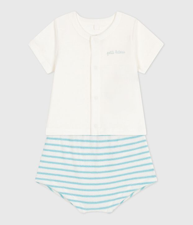 Newborn babies' two-piece cotton set with a stripy bottom half blue/blue