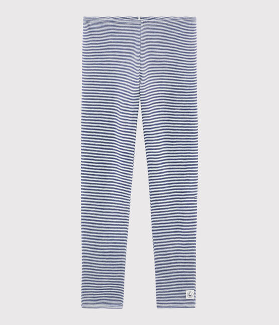 Children's Pinstriped Leggings in Wool and Cotton MEDIEVAL blue/MARSHMALLOW white
