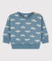 Babies' Bird Patterned Cotton Sweatshirt ROVER blue/MARSHMALLOW white
