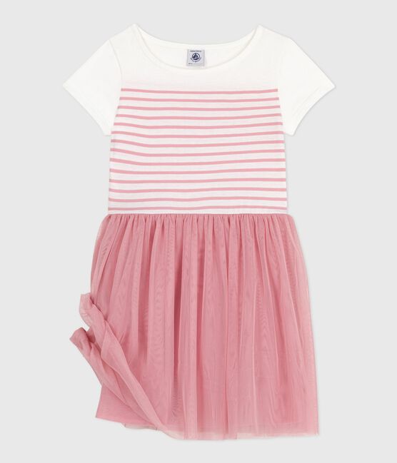 Children's short-sleeved cotton and tulle dress MARSHMALLOW white/CHARME pink