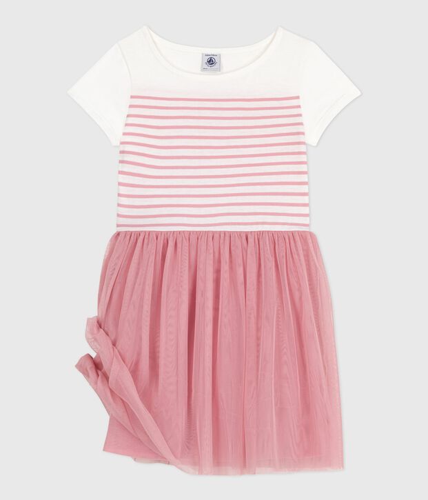 Children's short-sleeved cotton and tulle dress white/pink