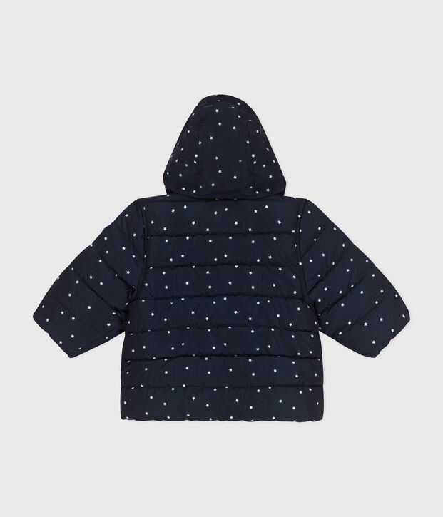Babies' printed puffer jacket with a retractable hood blue/white