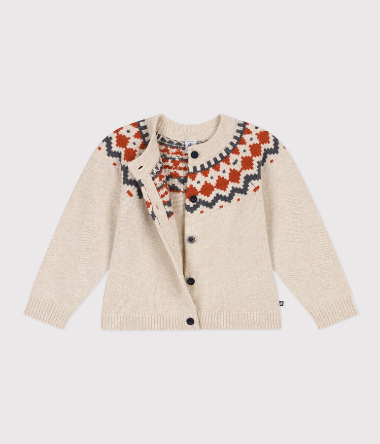 Girls' cotton and wool jacquard cardigan MONTELIMAR beige/MULTICO white