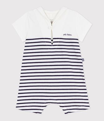 Babies' short stripy cotton playsuit with a sailor collar