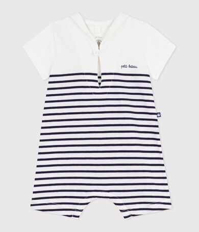 Babies' short stripy cotton playsuit with a sailor collar