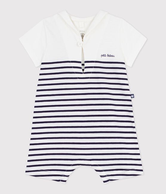 Babies' short stripy cotton playsuit with a sailor collar MARSHMALLOW blue/SOIR