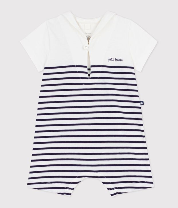Babies' short stripy cotton playsuit with a sailor collar blue/blue