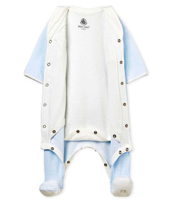 Baby boys' pinstriped velour bodyjama FRAICHEUR blue/ECUME white