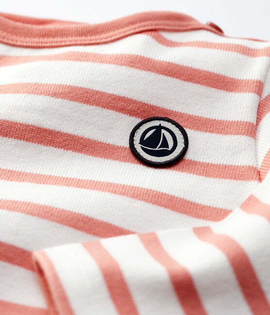 Babies' Thick Cotton Jersey Breton Top MARSHMALLOW white/PAPAYE