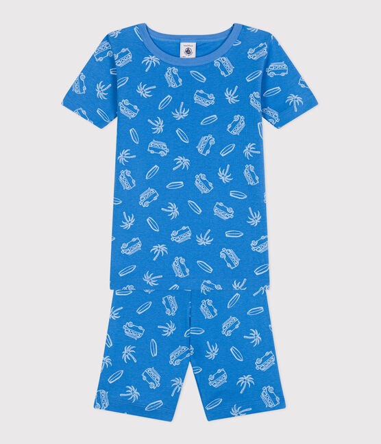 Children's short snug-fitting pyjamas in cotton with a van print BRASIER blue/MARSHMALLOW grey