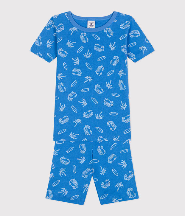 Children's short snug-fitting pyjamas in cotton with a van print blue/white