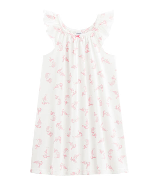 Girls' Fine Cotton Nightdress MARSHMALLOW white/ROSE pink