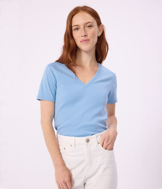 Women's short-sleeved plain cotton T-shirt FLO blue