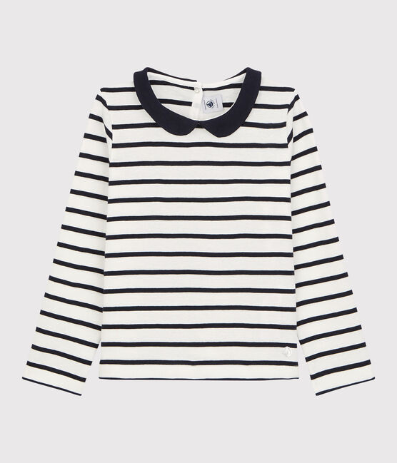 Girls' Long-Sleeved Cotton T-Shirt MARSHMALLOW white/SMOKING blue