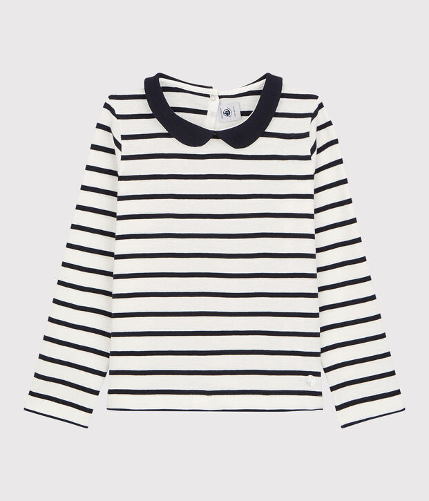 Girls' Long-Sleeved Cotton T-Shirt white/blue