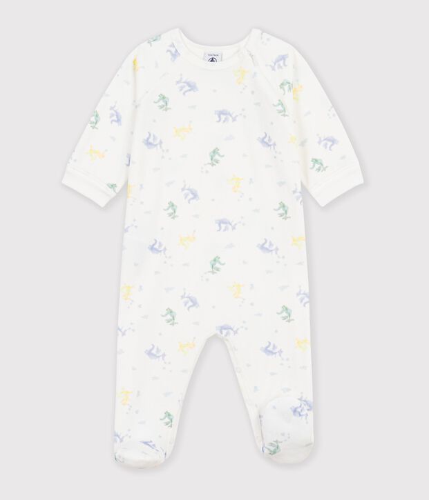 Babies' velour pyjama suit printed with dragons white/multicolor