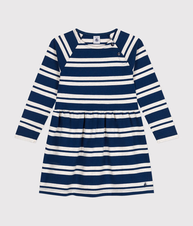Girls' long-sleeved dress in thick cotton blue/beige