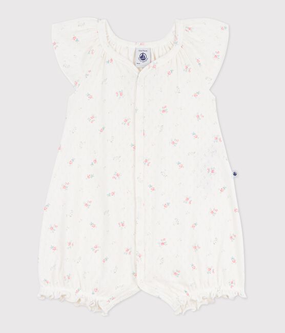 Babies' short floral cotton jumpsuit MARSHMALLOW white/MULTICO white