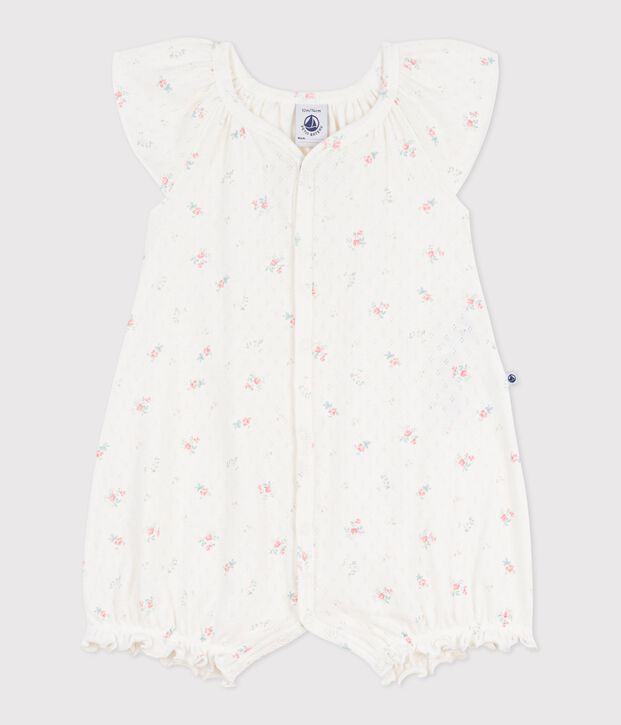 Babies' short floral cotton jumpsuit white/multicolor