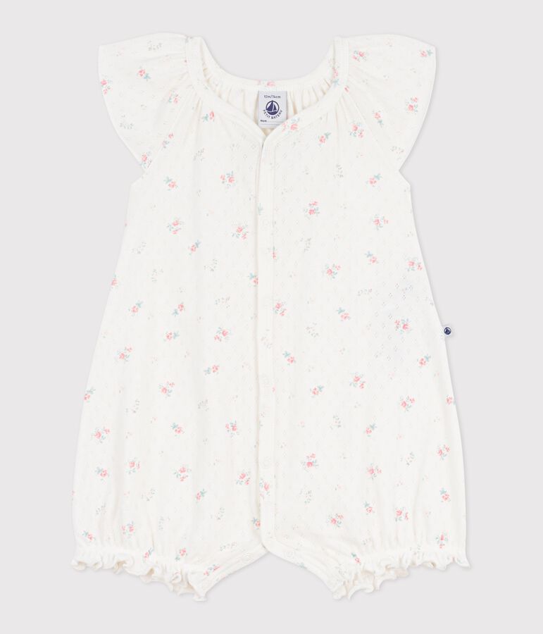 Babies' short floral cotton jumpsuit white/multicolor