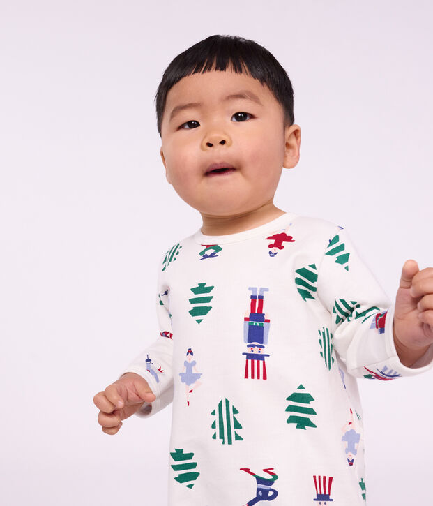 Babies' Christmas-print fleece pyjama suit with a back opening white/multicolor