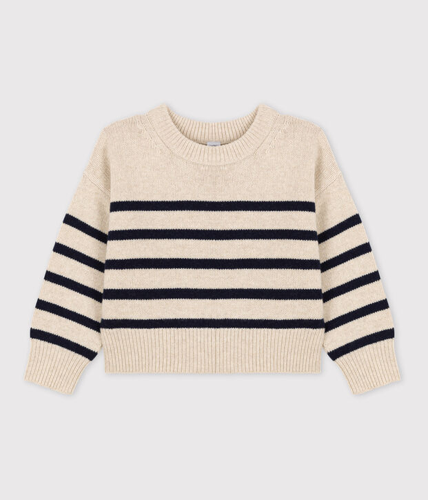 Children's Unisex Stripy Wool/Cotton Pullover Ecru/blue