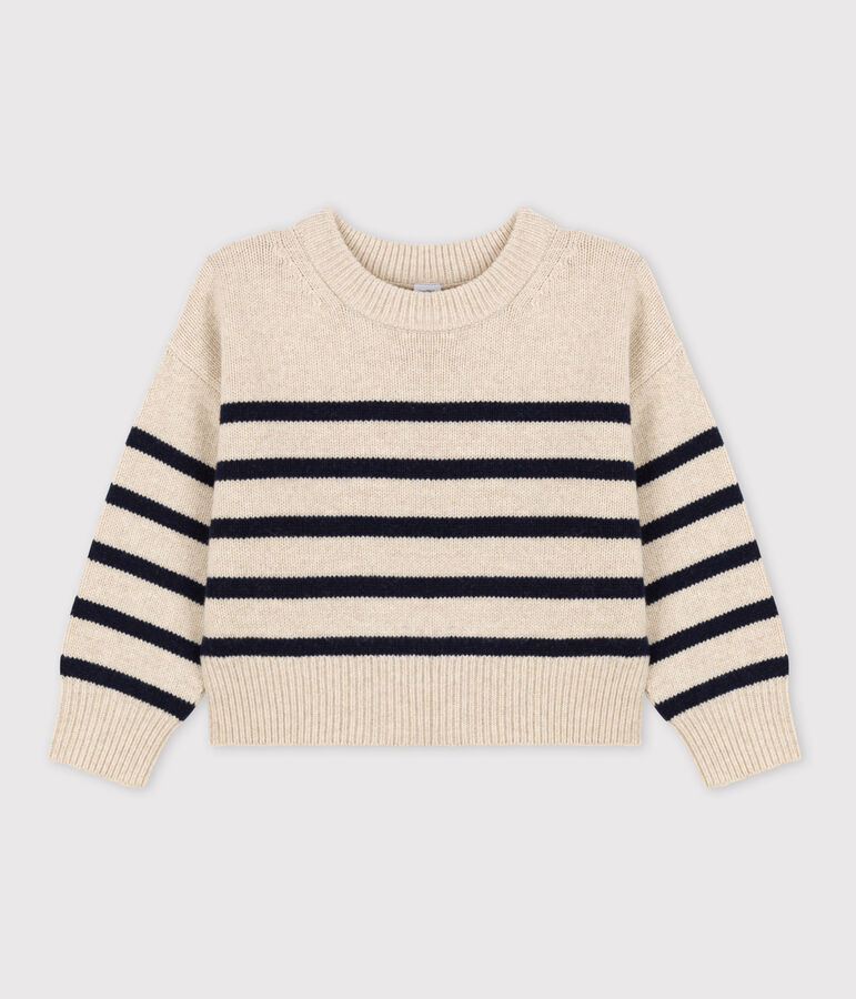 Children's Unisex Stripy Wool/Cotton Pullover Ecru/blue
