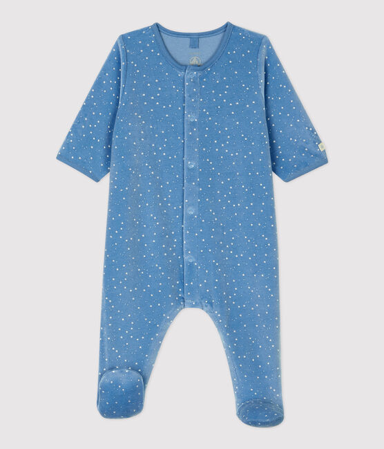 Babies' Starry Organic Cotton Velour Sleepsuit with Collar ALASKA blue/MARSHMALLOW white