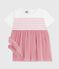 Babies' short-sleeved cotton and tulle dress with a stripy top MARSHMALLOW white/CHARME pink