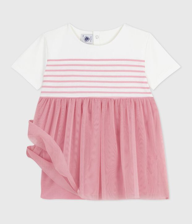 Babies' short-sleeved cotton and tulle dress with a stripy top white/pink