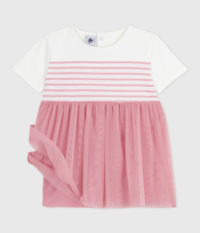 Babies' short-sleeved cotton and tulle dress with a stripy top white/pink