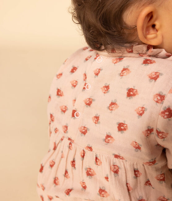 Babies' Long-Sleeved Cotton Gauze Dress SALINE pink/MULTICO white