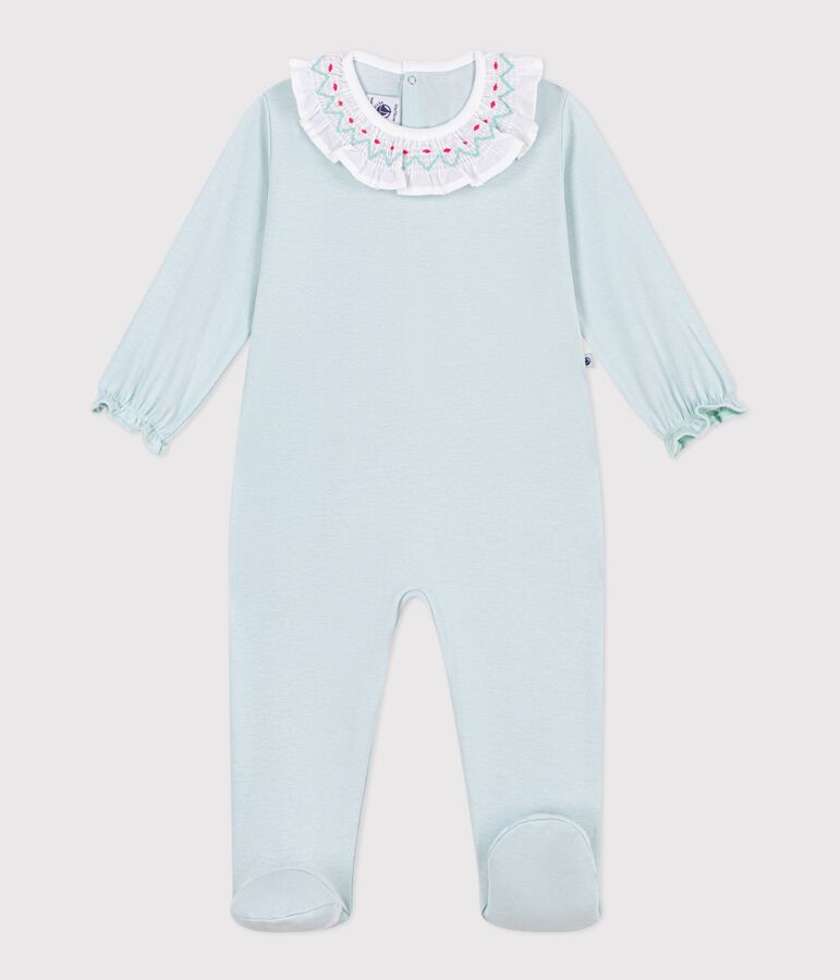 Babies back opening plain cotton pyjama suit with a ruff blue
