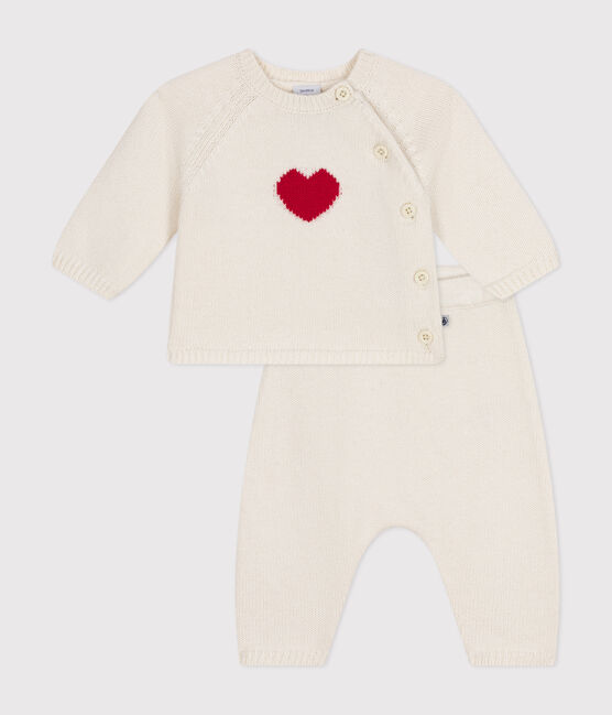 Babies' Wool/Cotton Heart Patterned Knit 2-Piece Outfit MARSHMALLOW red/CORRIDA white