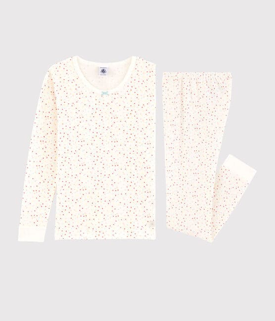 Girls' Snugfit Multicoloured Spots Organic Cotton Pyjamas MARSHMALLOW white/MULTICO white